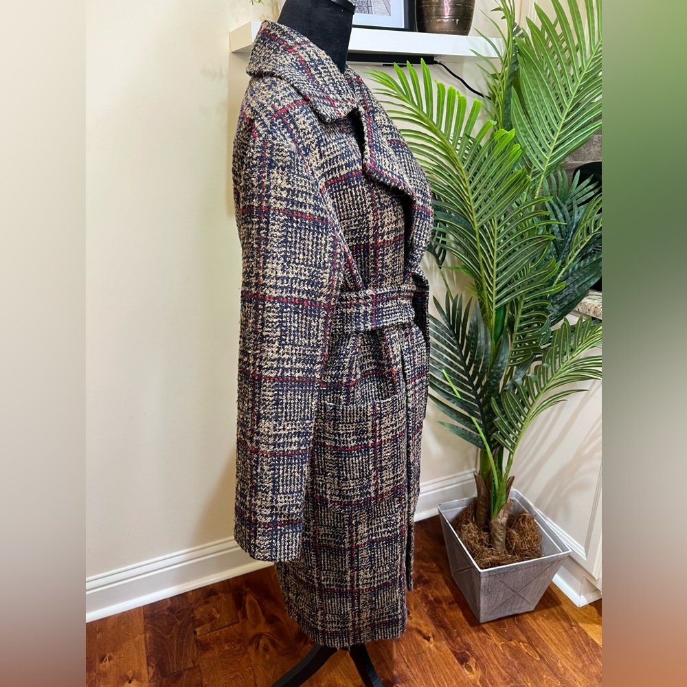 Express Plaid Wrap Oversized Tan Navy Red Trench Coat w/ Removable Belt XS - Picture 6 of 10